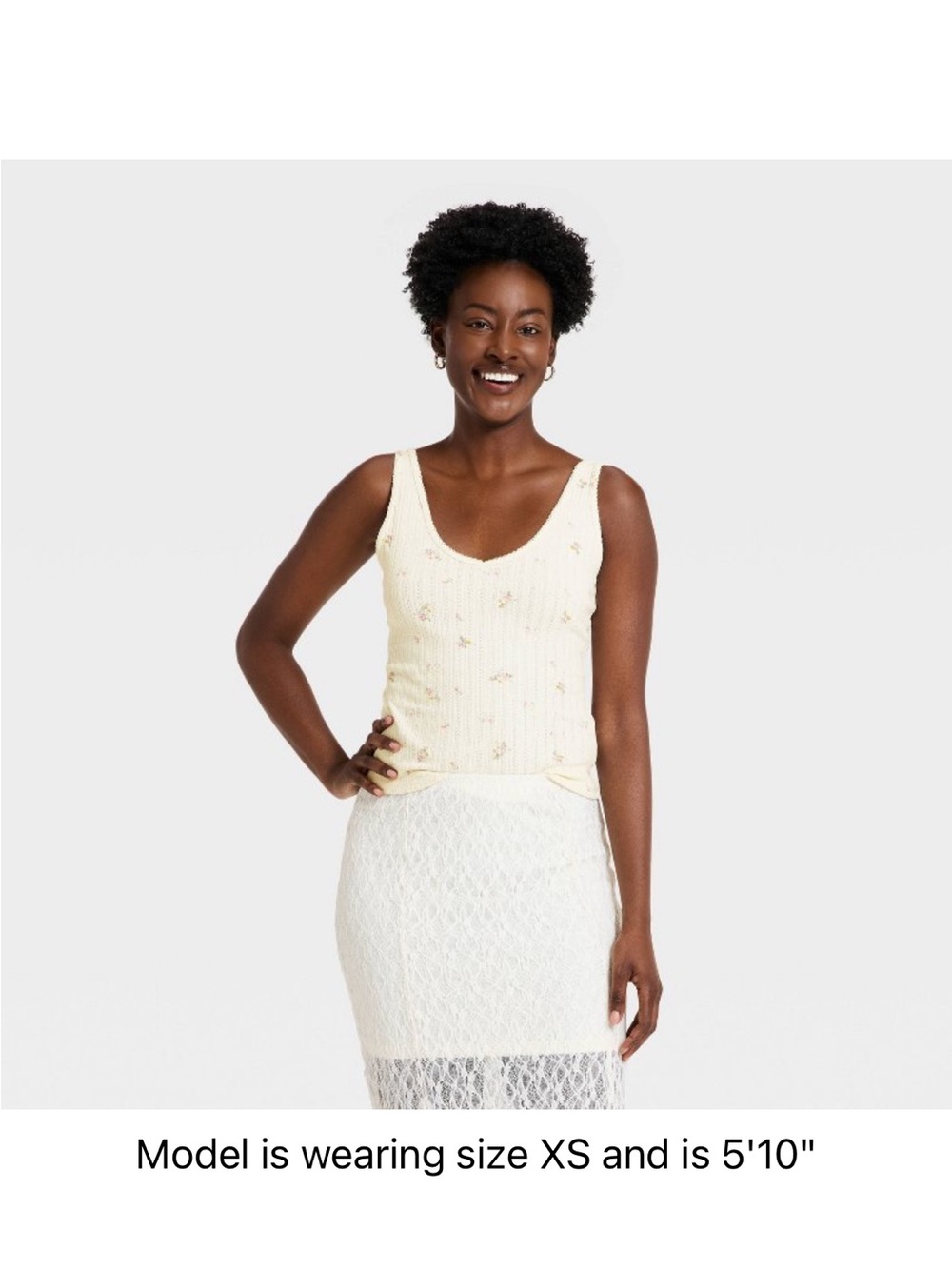 Universal Thread Cream Ribbed Tank with Delicate Floral Embroidery